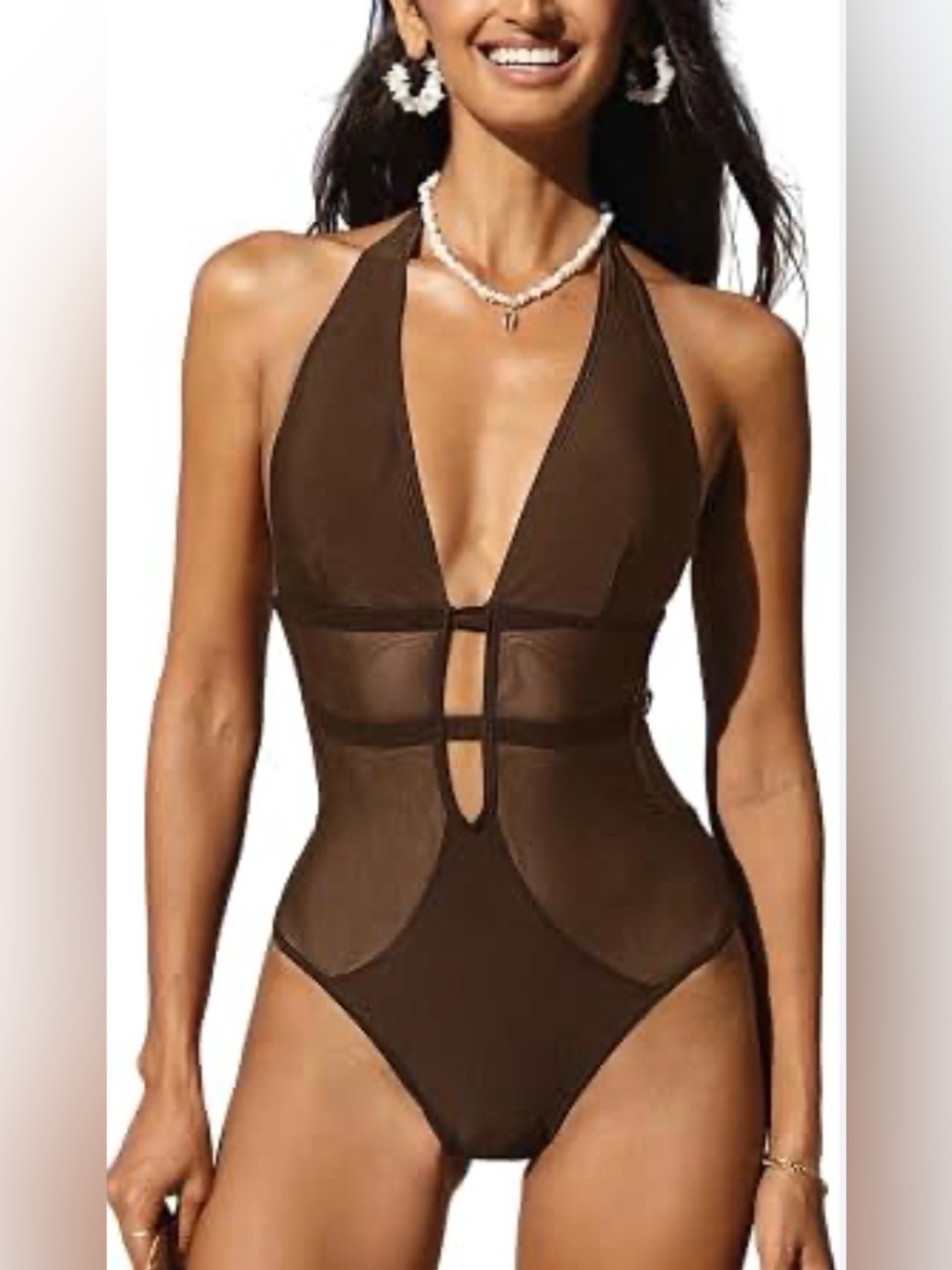 Cupshe Brown Deep V Halter One-Piece Swimsuit with Mesh Panels